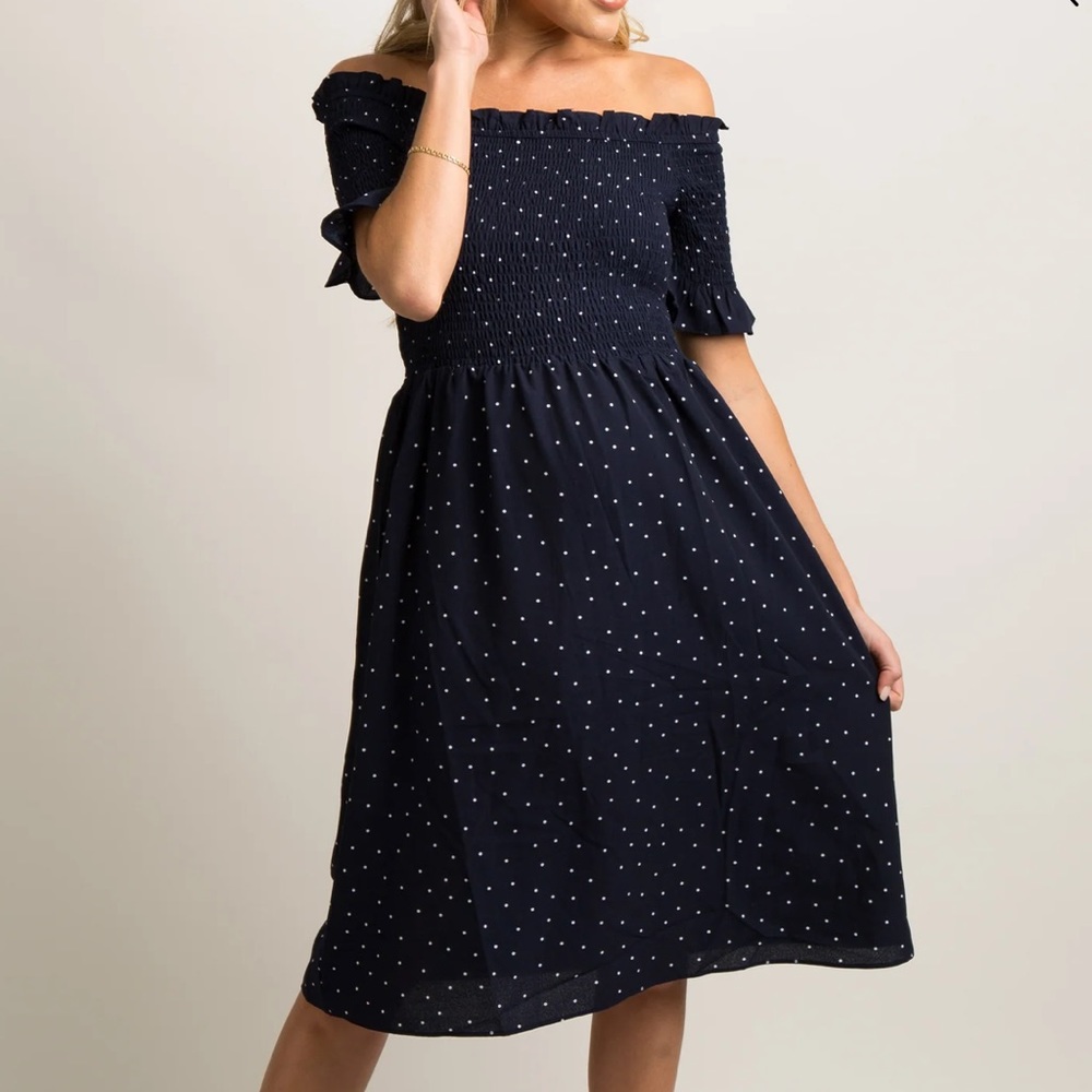 Brand New Maternity Dress Navy with White Polka Dots